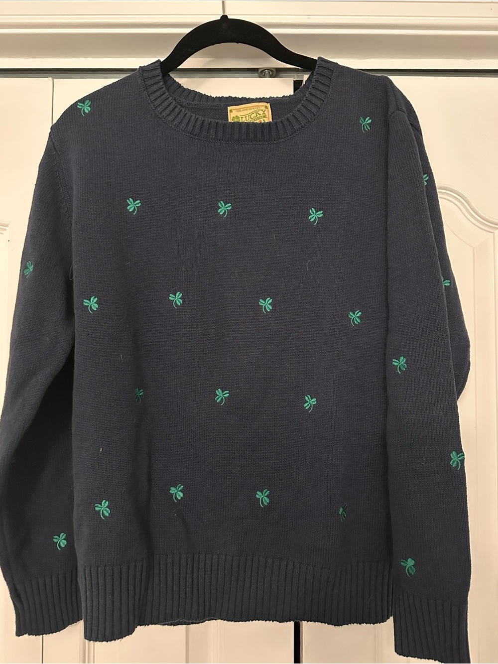 Kiel James Patrick st Patrick’s day Navy Sweater with Green Embroidered shamrock